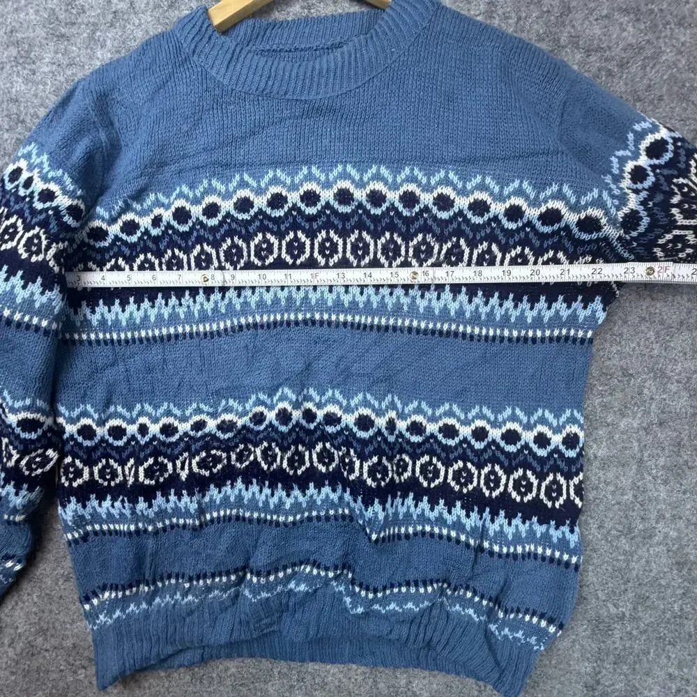 Vintage Fair Isle Sweater Mens Large Blue White Ski Lodge 90s Dad‎ Grandpa Cabin
